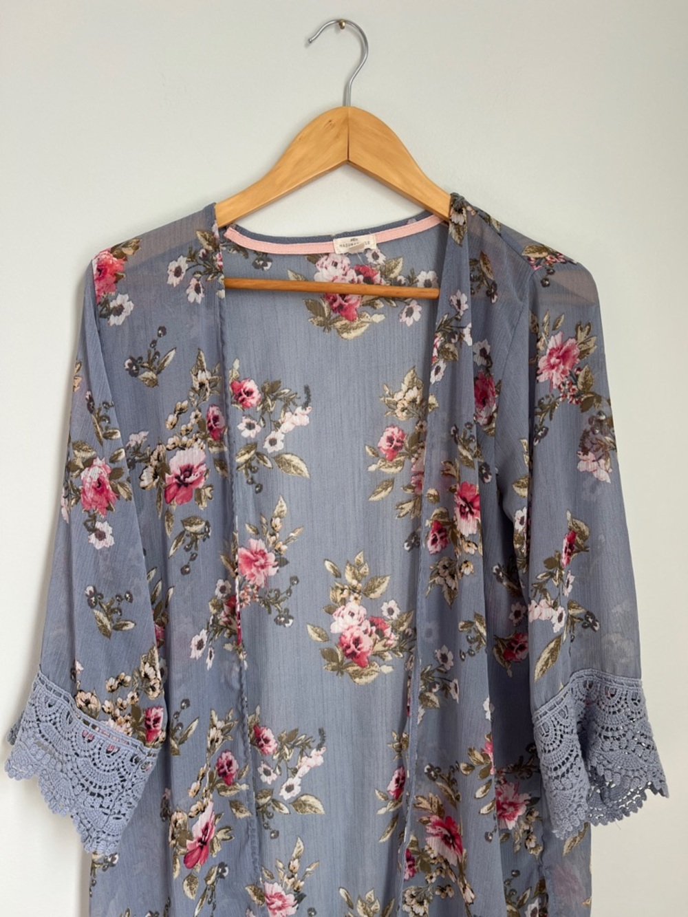Sheer Floral Kimono Coverup Cardigan Dusty Blue Pink Roses #JFW49245GG Size S - Picture 9 of 17